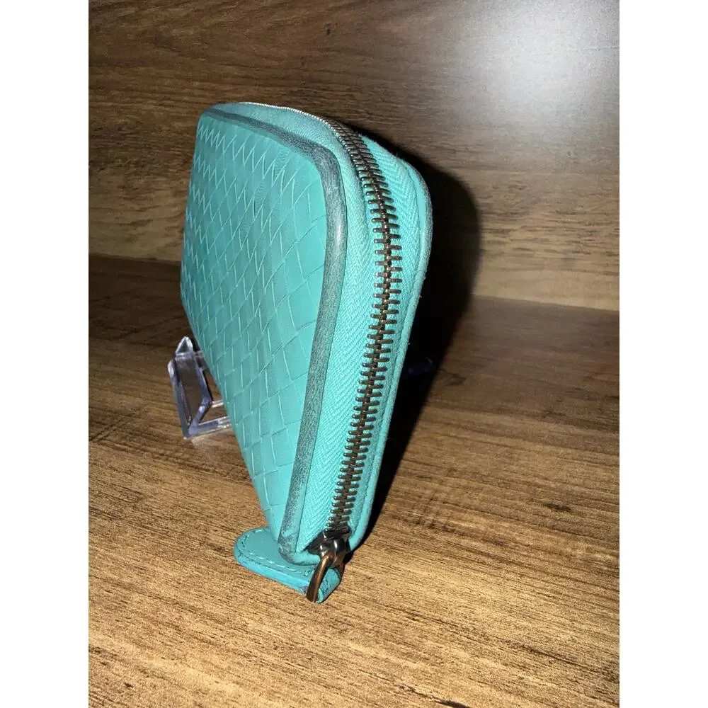 Bottega Veneta Intrecciato Zip-Around Wallet in Turquoise Leather with coa
